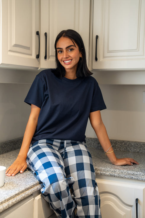 Women summer pajama set Dark Blue Tee + Dark Blue X Light Blue Checkered Pants